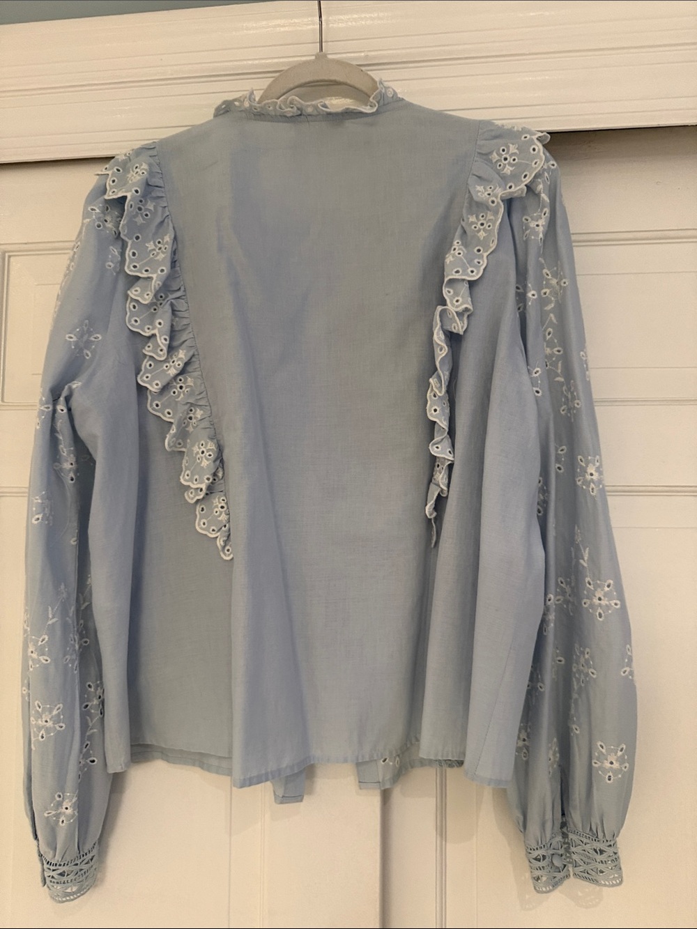 Sezane Pale Blue Eyelet Ruffle Button-Down Shirt - Picture 5 of 5